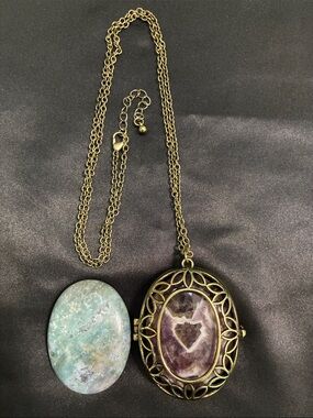 EARTHBOUND Amethyst Stone Locket Necklace in Brass-Tone w/ additional gem stone